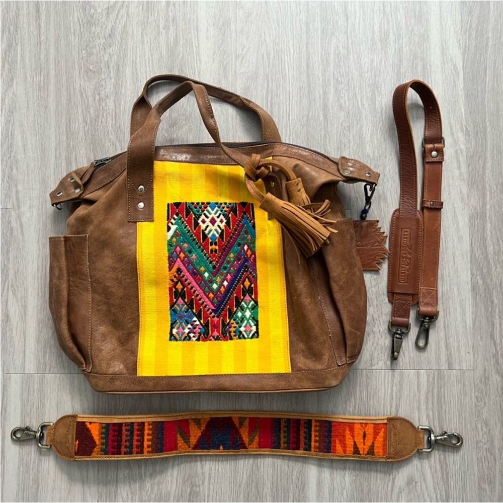 Nena & Co Leather Weekender Tote Brown Handwoven Guatemalan Textile Convertible